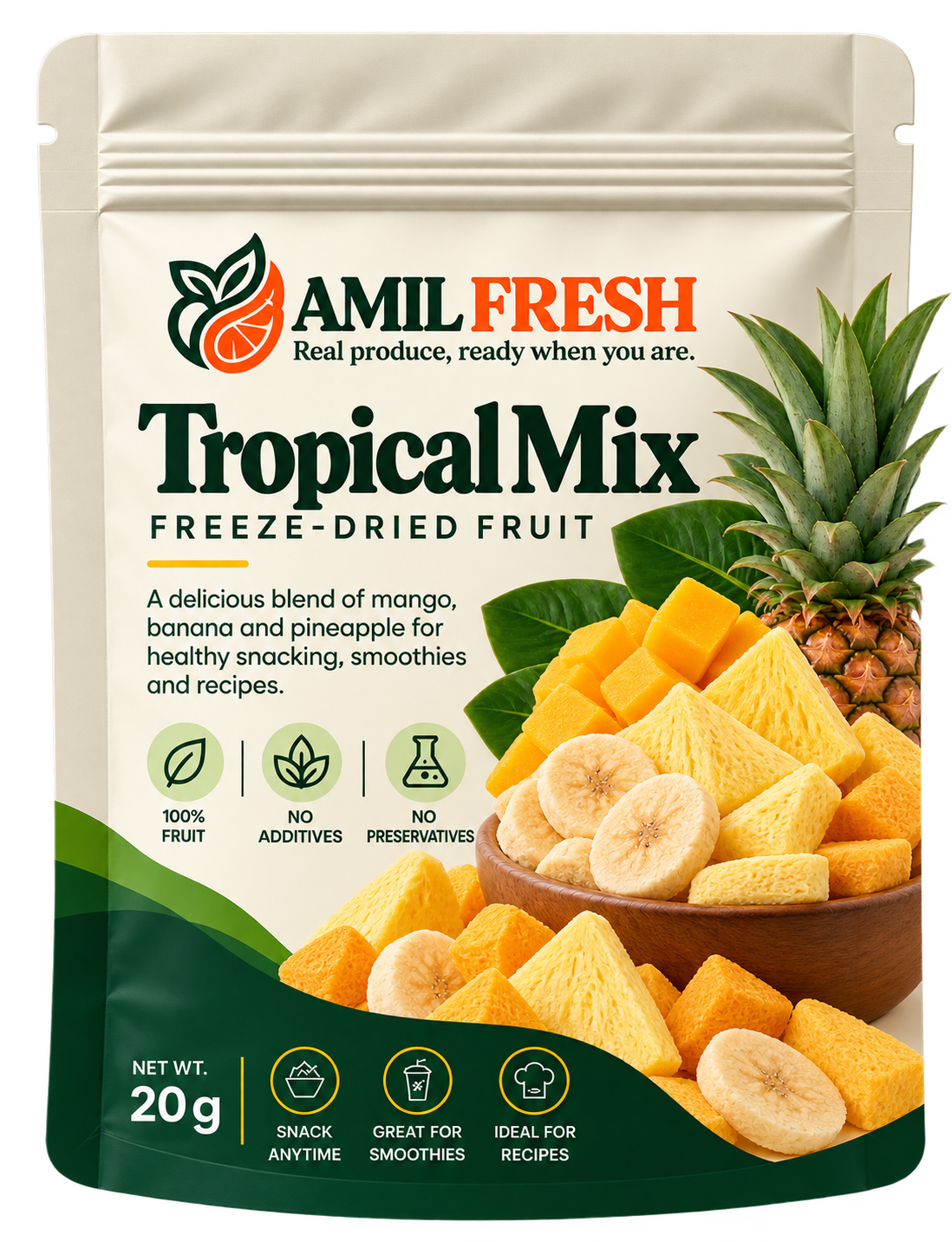 AMIL Fresh Tropical Mix pouch featuring mango, banana and pineapple